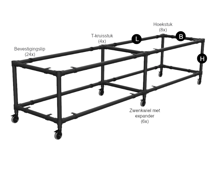 Werktafel onderstel lang met onder-etage uit zwarte buis Ø 33,7 mm en zwenkwielen